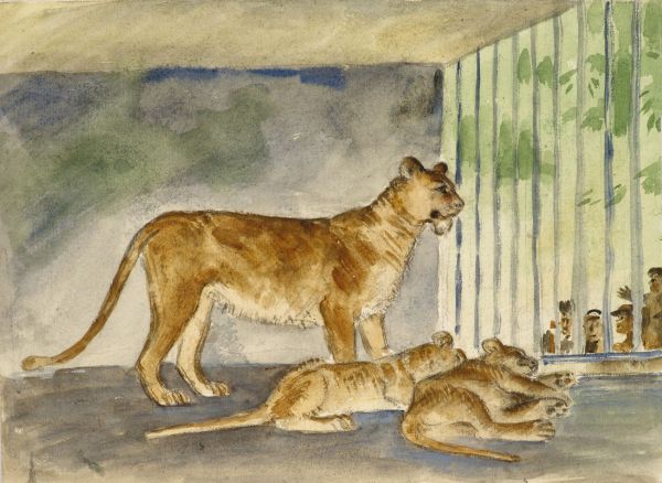 Львица со львятами. Эскиз для книги-альбома “Зоологический сад”.